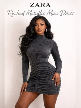 Zara ruched metallic mini dress in black with silver shimmer size Small